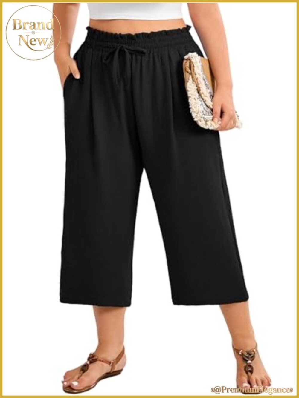 Plus Size Capri Wide Leg Pants with Pockets High Waisted Elastic Drawstring